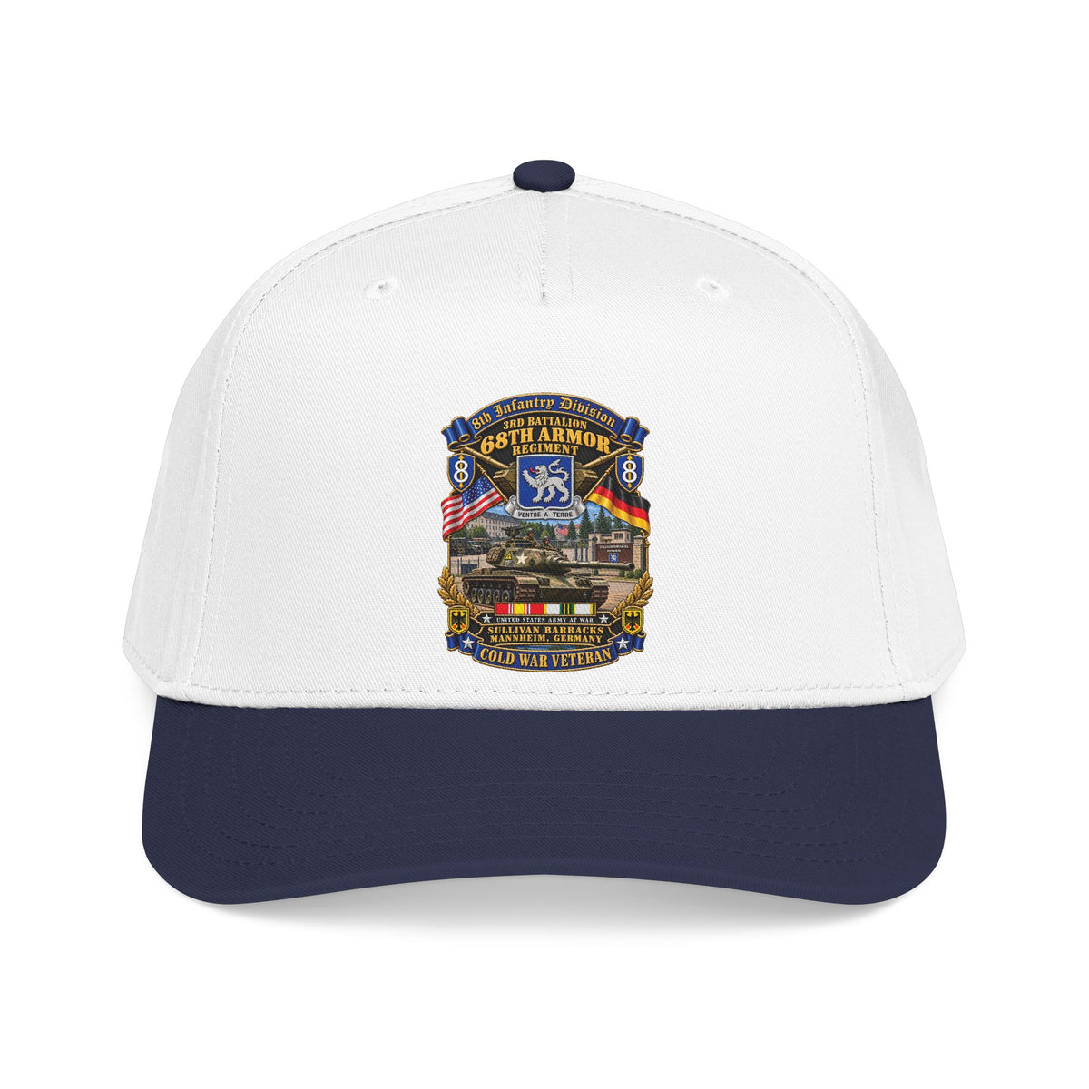 Mid Profile Baseball Cap - 8th Infantry Division Scroll - 3rd Bn 68th Armor Regiment - Sullivan Barracks, Mannheim, Germany - Cold War Vet w COLD SVC - 3D - Enhanced