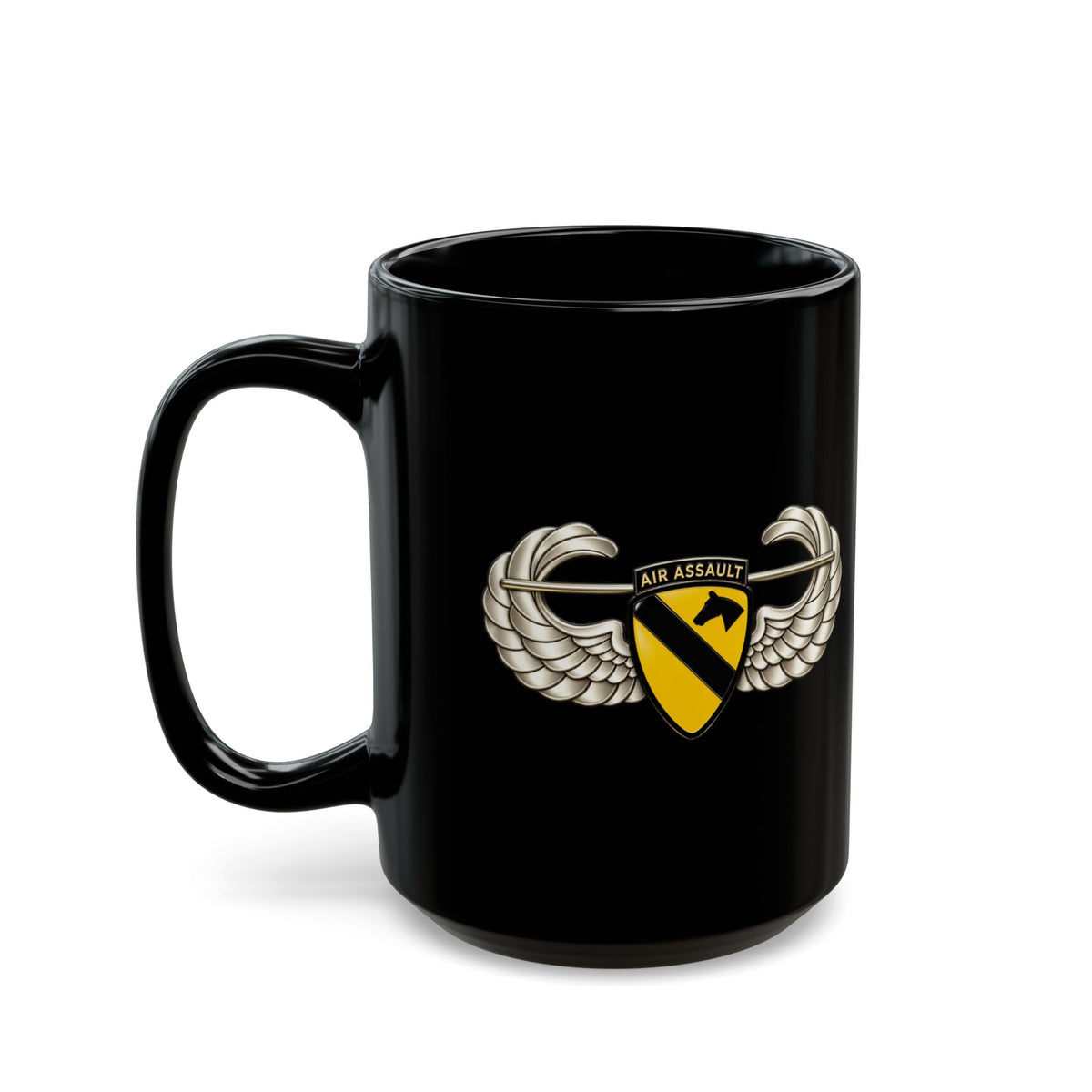 Black Mug  (15oz) - 1st Cavalry Division w Air Assault Tab on Airborne Badge wo Txt - 3D - Transparent