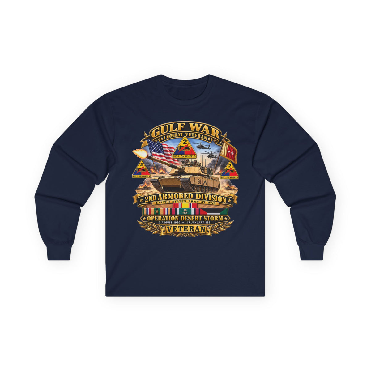 Unisex Ultra Cotton Long Sleeve Tee - Army - Desert Storm - 2nd Armored Div - Combat Vereran Veteran w GULF SVC - 3D - Enhanced