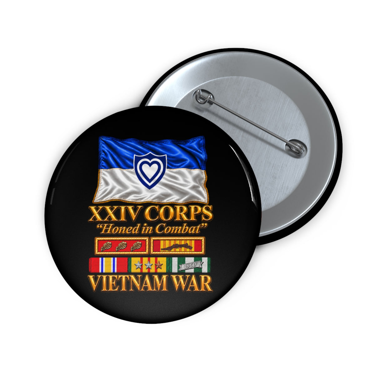 Custom Pin Buttons - Army - XXIV Corps Flag - Waving - Ribbons - Meritorious Awards - Vietnam War - 3D - Transparent