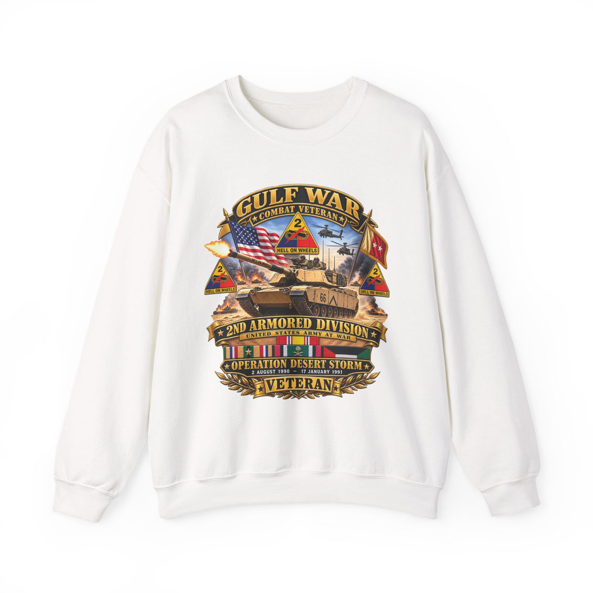Crewneck Sweatshirt - Army - Desert Storm - 2nd Armored Div - Combat Vereran Veteran w GULF SVC - 3D - Enhanced