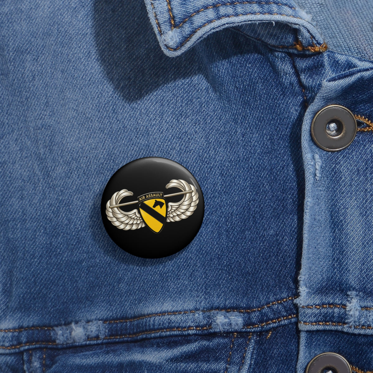 Custom Pin Buttons - 1st Cavalry Division w Air Assault Tab on Airborne Badge wo Txt - 3D - Transparent