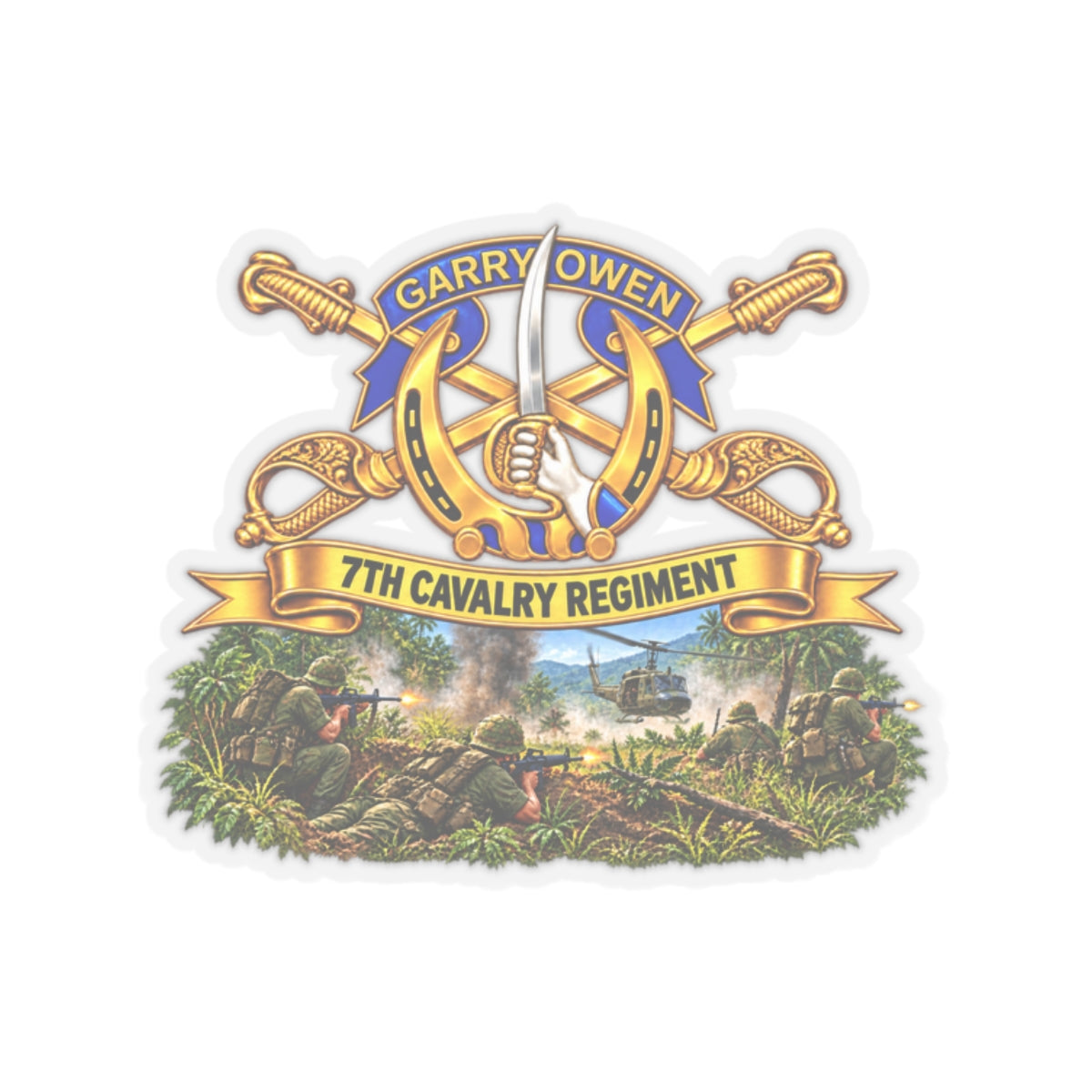 Kiss-Cut Stickers - 7th Cavalry Regiment - DUI, Br, Ribbon w  Battle of Ia drang Valley Scene - Vietnam - 3D - Transparent