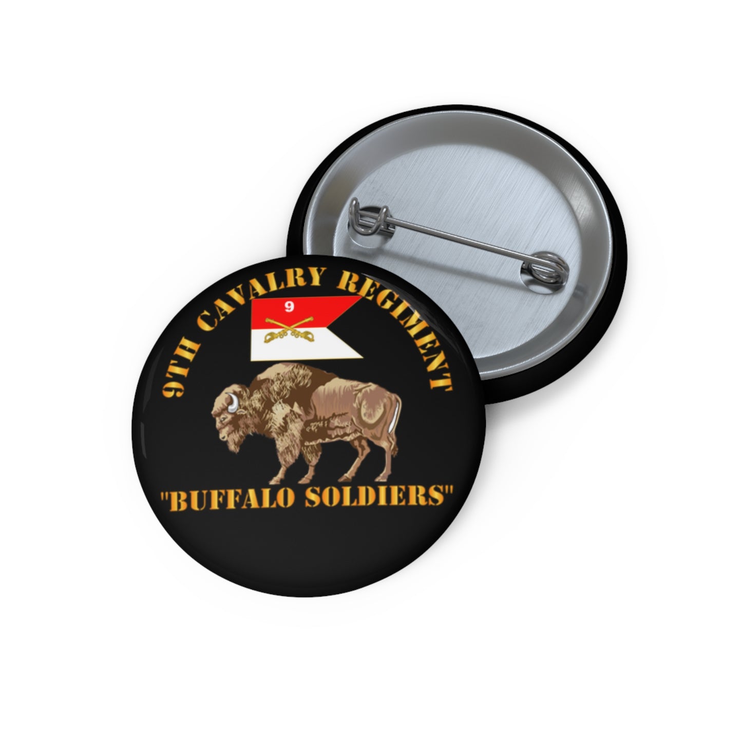 Custom Pin Button – Army - 9th Cavalry Regiment - Buffalo Soldiers w 9th Cav Guidon