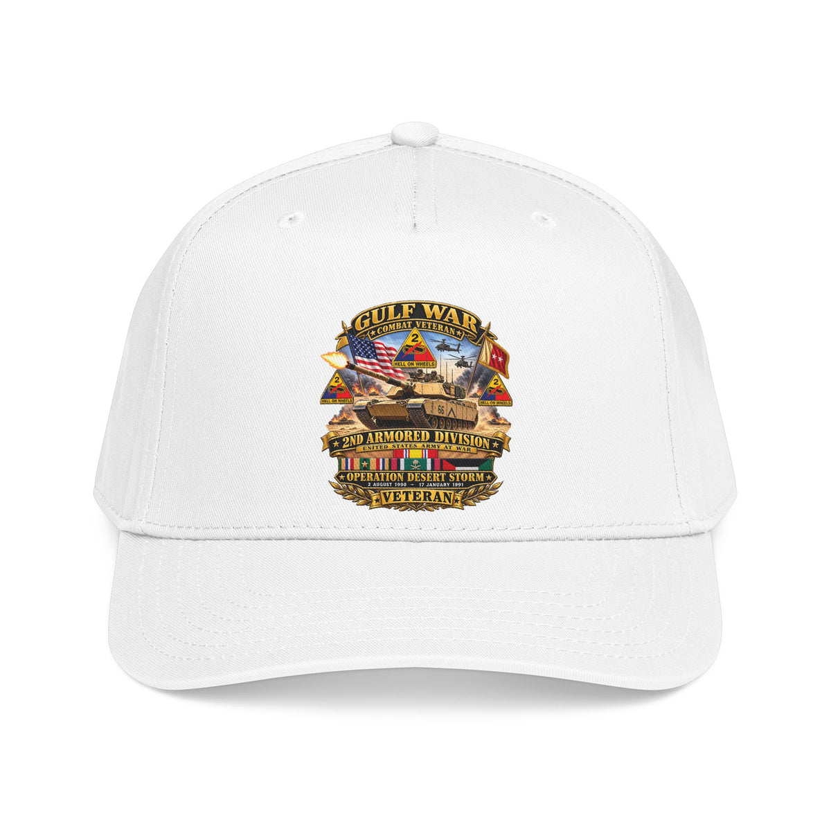 Mid Profile Baseball Cap - Army - Desert Storm - 2nd Armored Div - Combat Vereran Veteran w GULF SVC - 3D - Enhanced