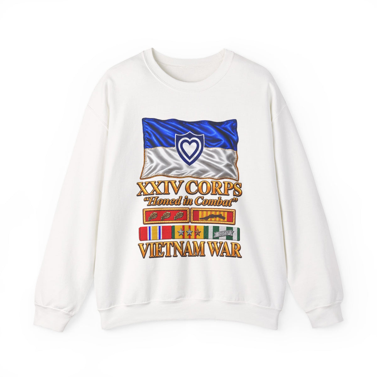 Crewneck Sweatshirt - Army - XXIV Corps Flag - Waving - Ribbons - Meritorious Awards - Vietnam War - 3D - Transparent