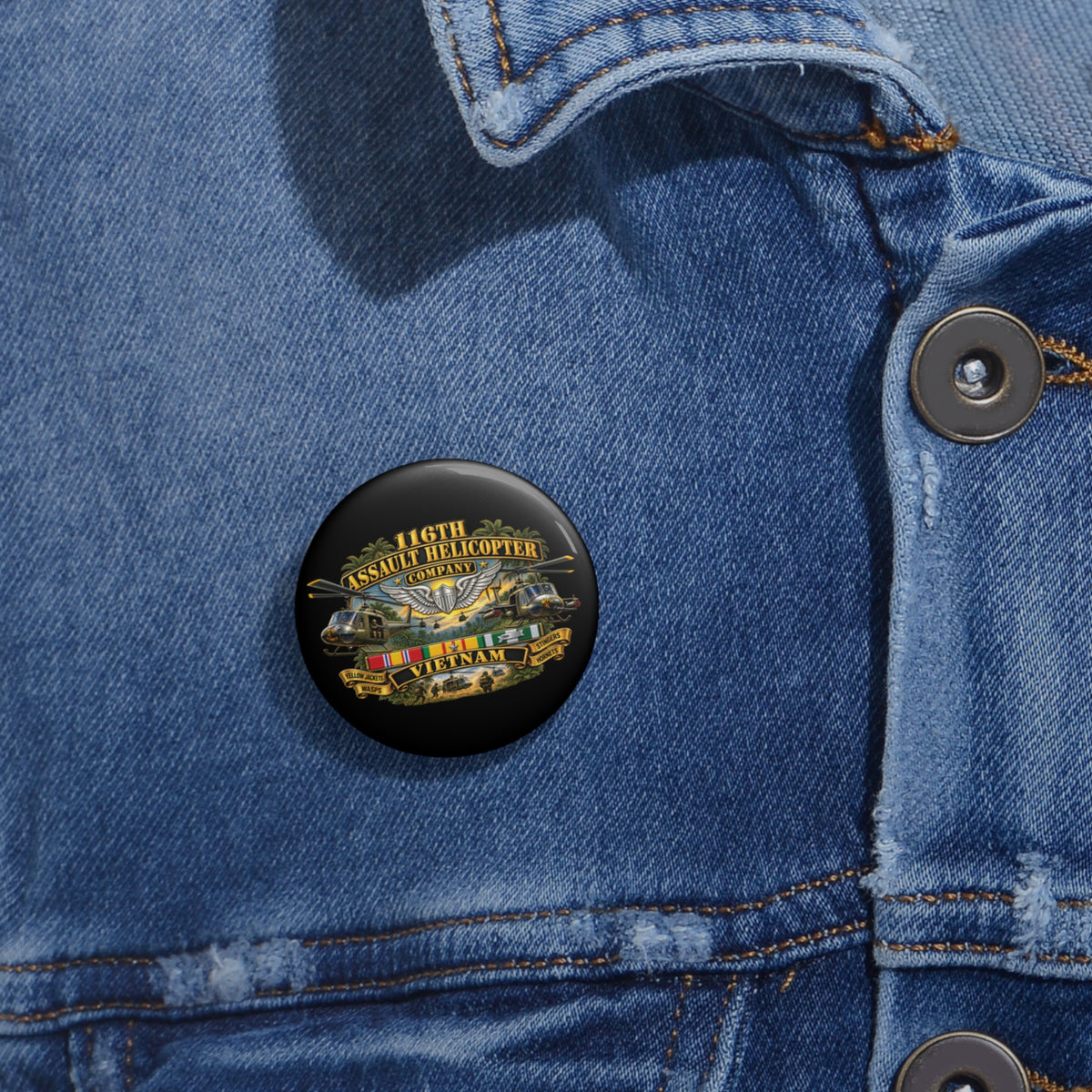 Custom Pin Buttons - Army - 116th Assault Helicopter Co w  Aviator Badge w VN SVC - HORNETS - 3D - Enhanced