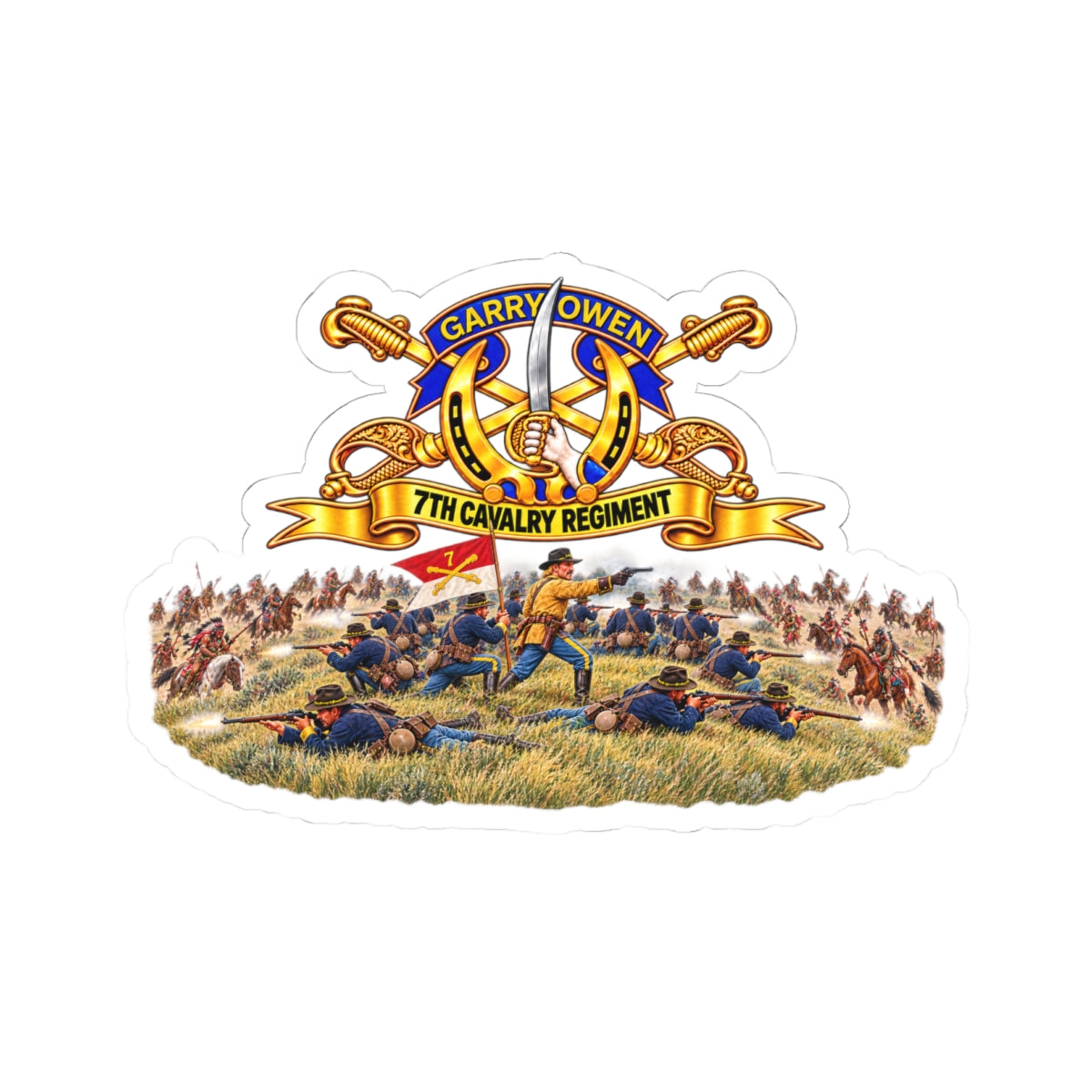 Kiss-Cut Stickers - 7th Cavalry Regiment - DUI, Br, Ribbon w  Battle of Little Big Horn Scene - 3D - Transparent
