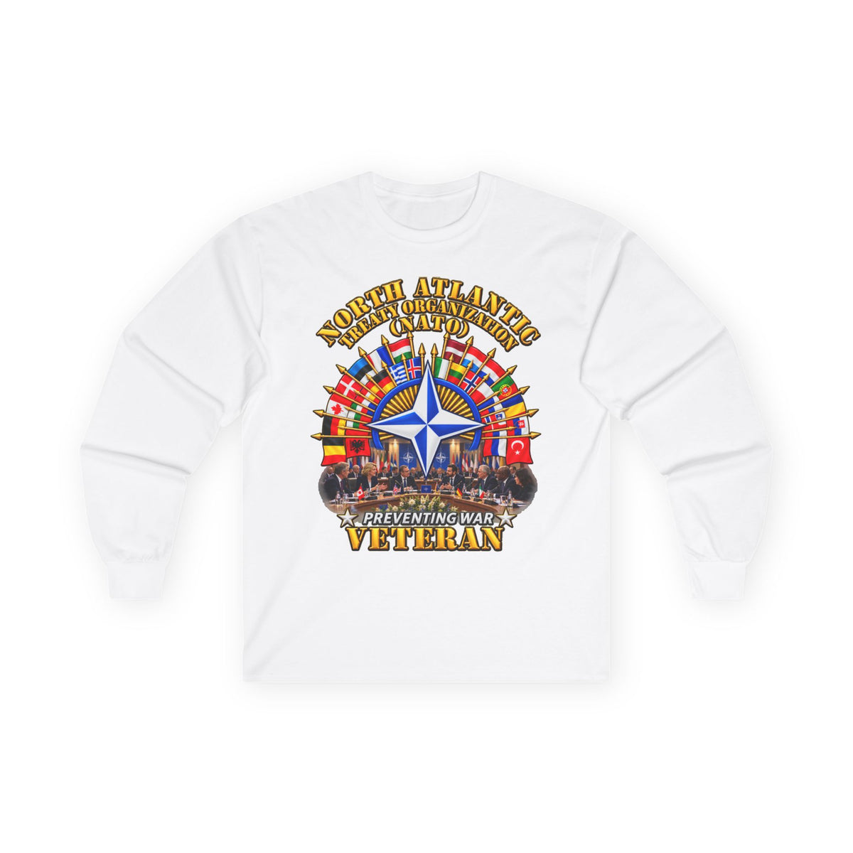 Unisex Ultra Cotton Long Sleeve Tee - NATO - Polished NATO Veteran - with flags - Meeting Scene - 3D - Transparent