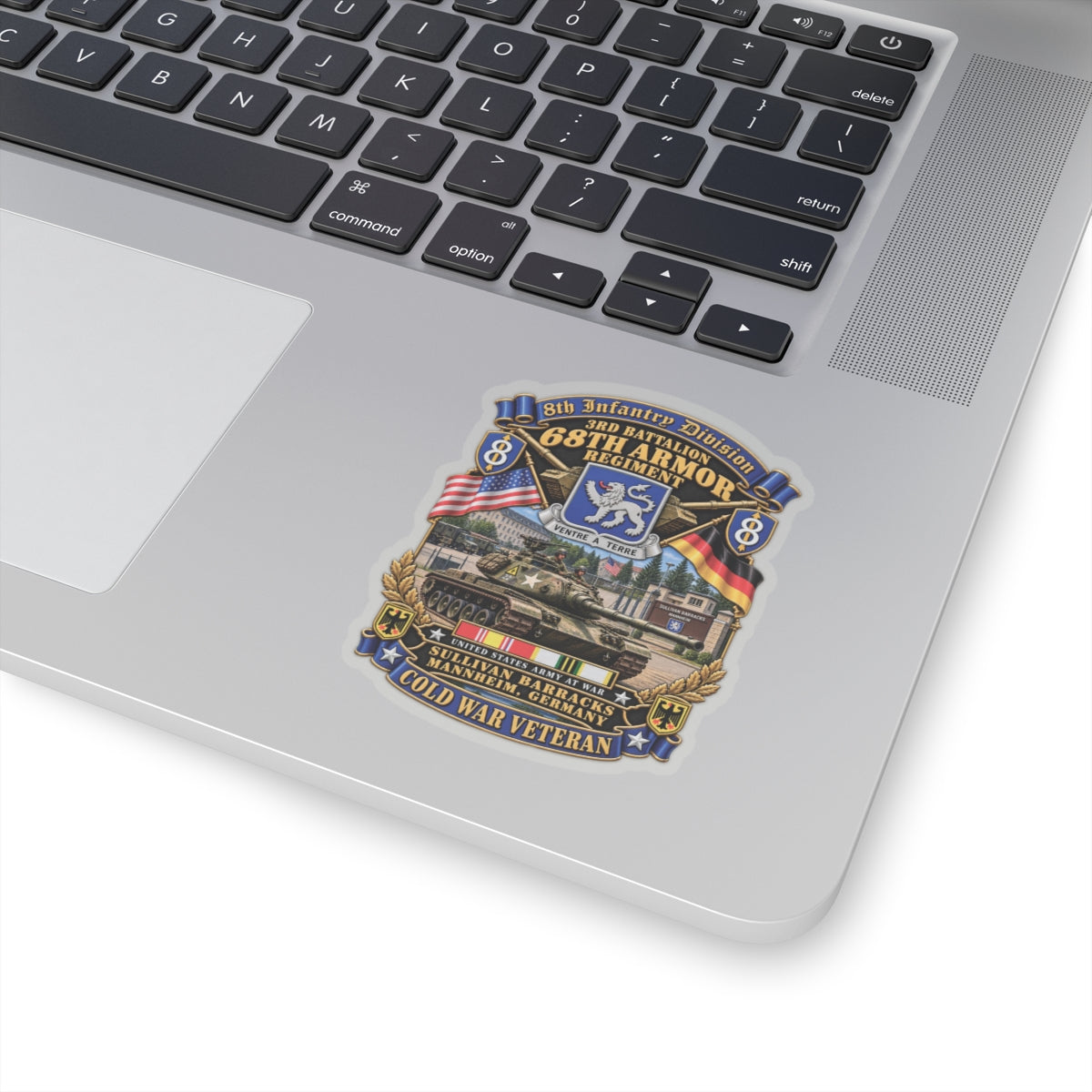 Kiss-Cut Stickers - 8th Infantry Division Scroll - 3rd Bn 68th Armor Regiment - Sullivan Barracks, Mannheim, Germany - Cold War Vet w COLD SVC - 3D - Enhanced