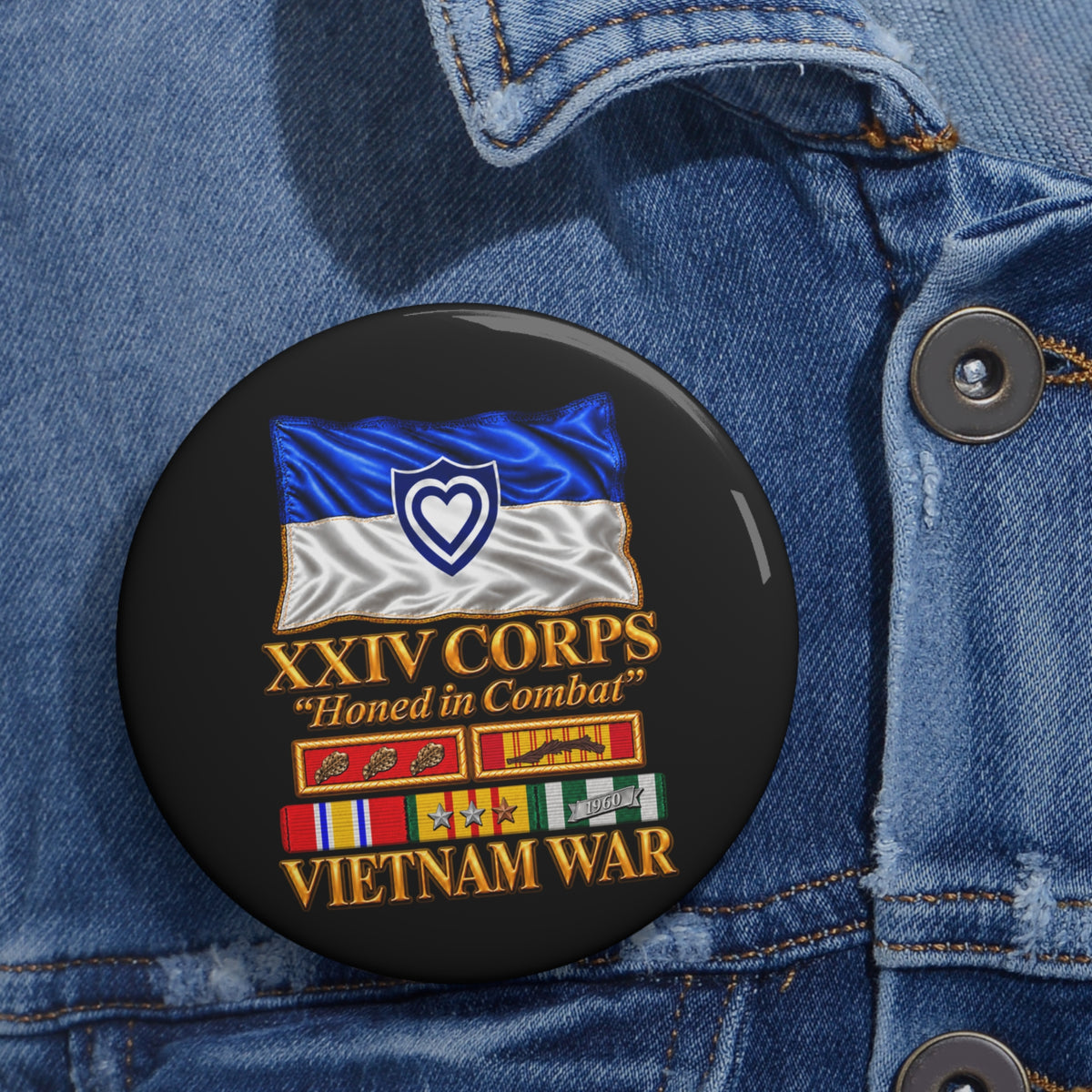Custom Pin Buttons - Army - XXIV Corps Flag - Waving - Ribbons - Meritorious Awards - Vietnam War - 3D - Transparent