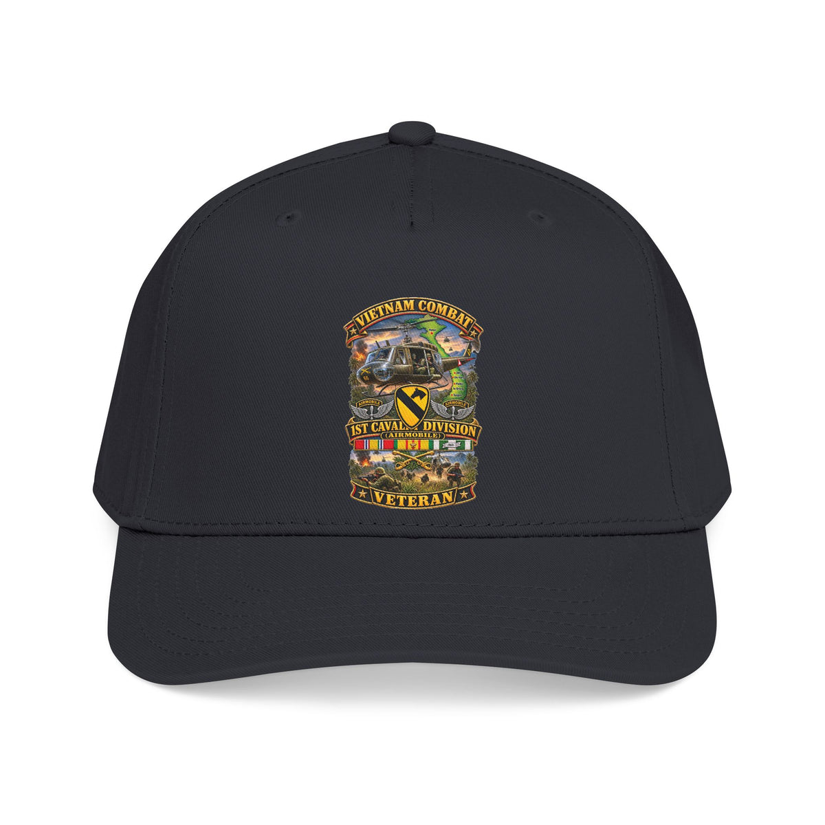 Mid Profile Baseball Cap - Army - Vietnam Combat Cavalry Veteran w 1st Cav Div SSI  Big Helo - 3D - Enhanced