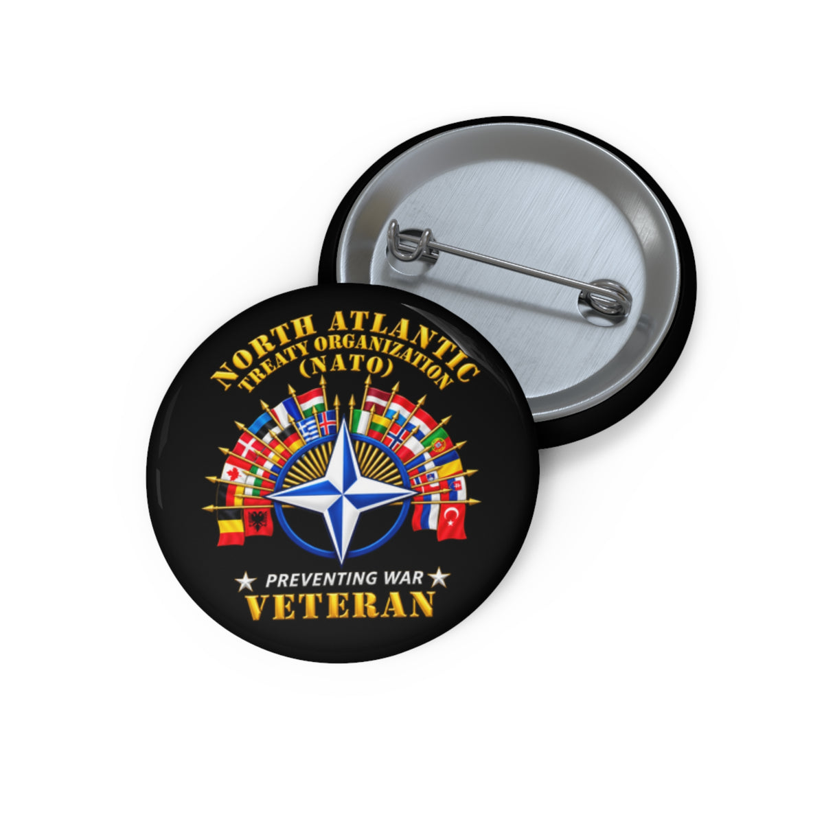 Custom Pin Buttons - NATO - Polished NATO Veteran - with flags - 3D - Transparent