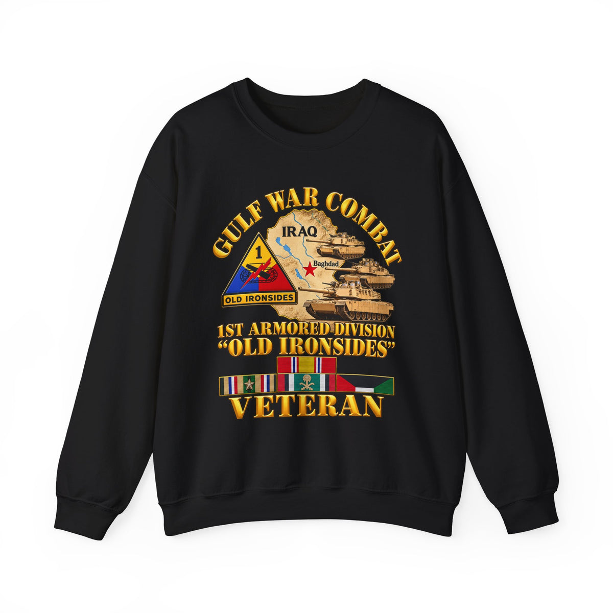 Crewneck Sweatshirt - Army - Gulf War Combat - 1st Armored Divi - Old Ironsides - Veteran - Map w GULF SVC - 3D - Enhanced