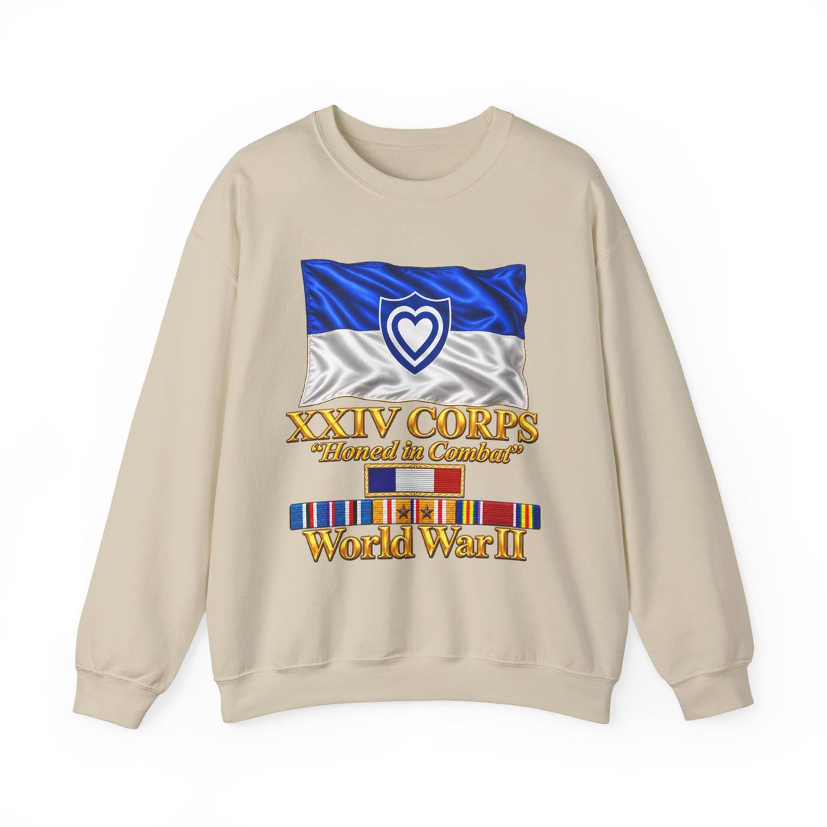 Crewneck Sweatshirt - Army - XXIV Corps Flag - Waving - Ribbons - World War II - 3D - Transparent