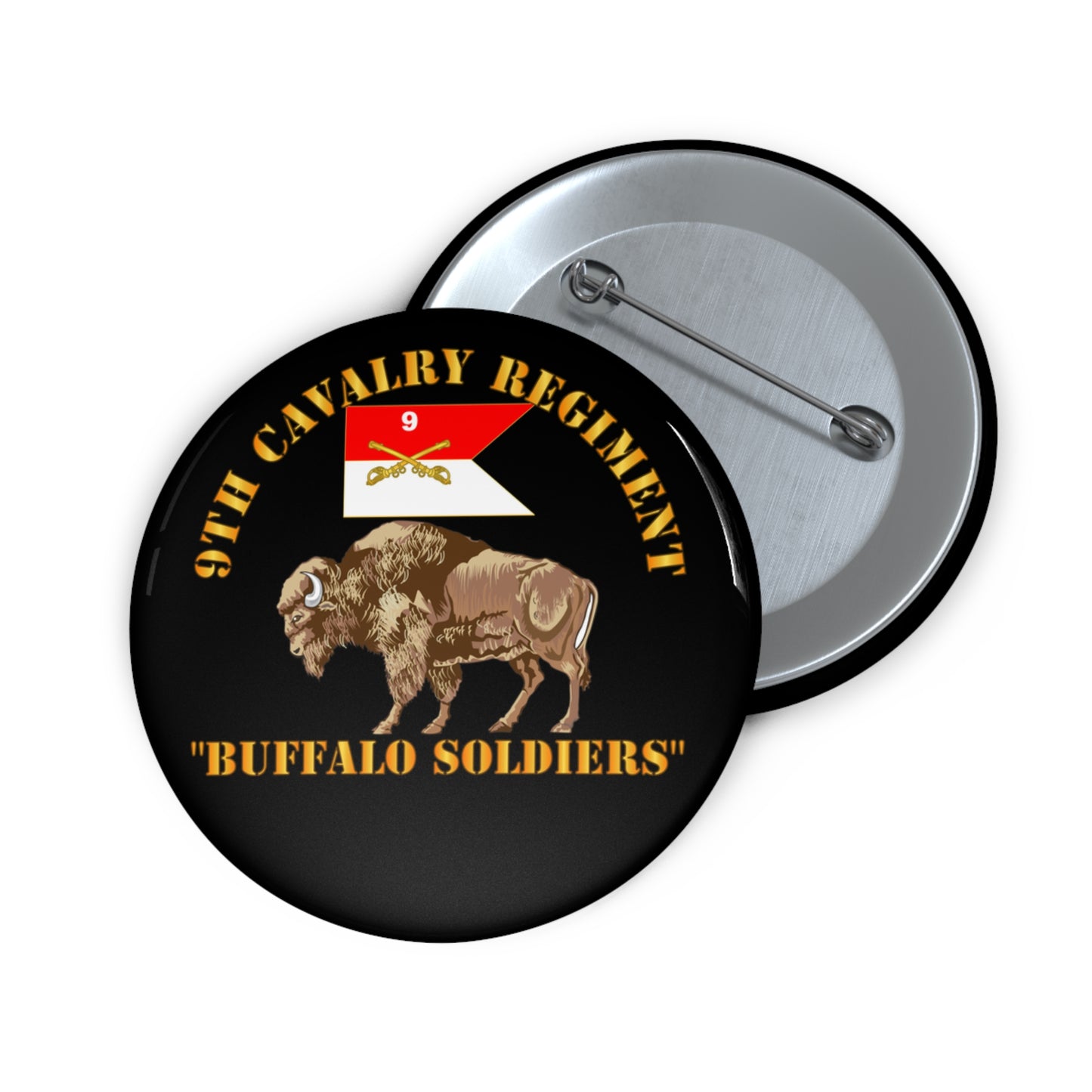 Custom Pin Button – Army - 9th Cavalry Regiment - Buffalo Soldiers w 9th Cav Guidon