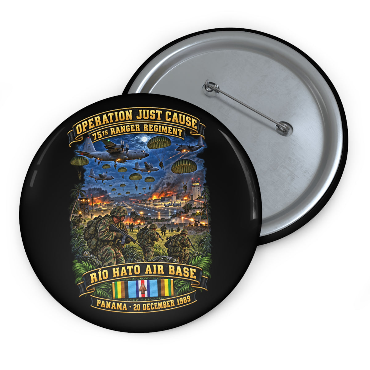 Custom Pin Buttons - SOF - Operation Just Cause  - Panama Invasion 1989 - 75th Ranger Rgt - Rio Hato Air Base - 3D - Enhanced