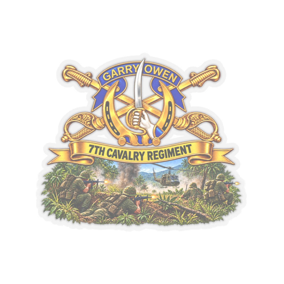 Kiss-Cut Stickers - 7th Cavalry Regiment - DUI, Br, Ribbon w  Battle of Ia drang Valley Scene - Vietnam - 3D - Transparent