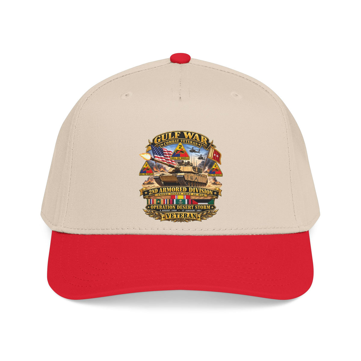 Mid Profile Baseball Cap - Army - Desert Storm - 2nd Armored Div - Combat Vereran Veteran w GULF SVC - 3D - Enhanced