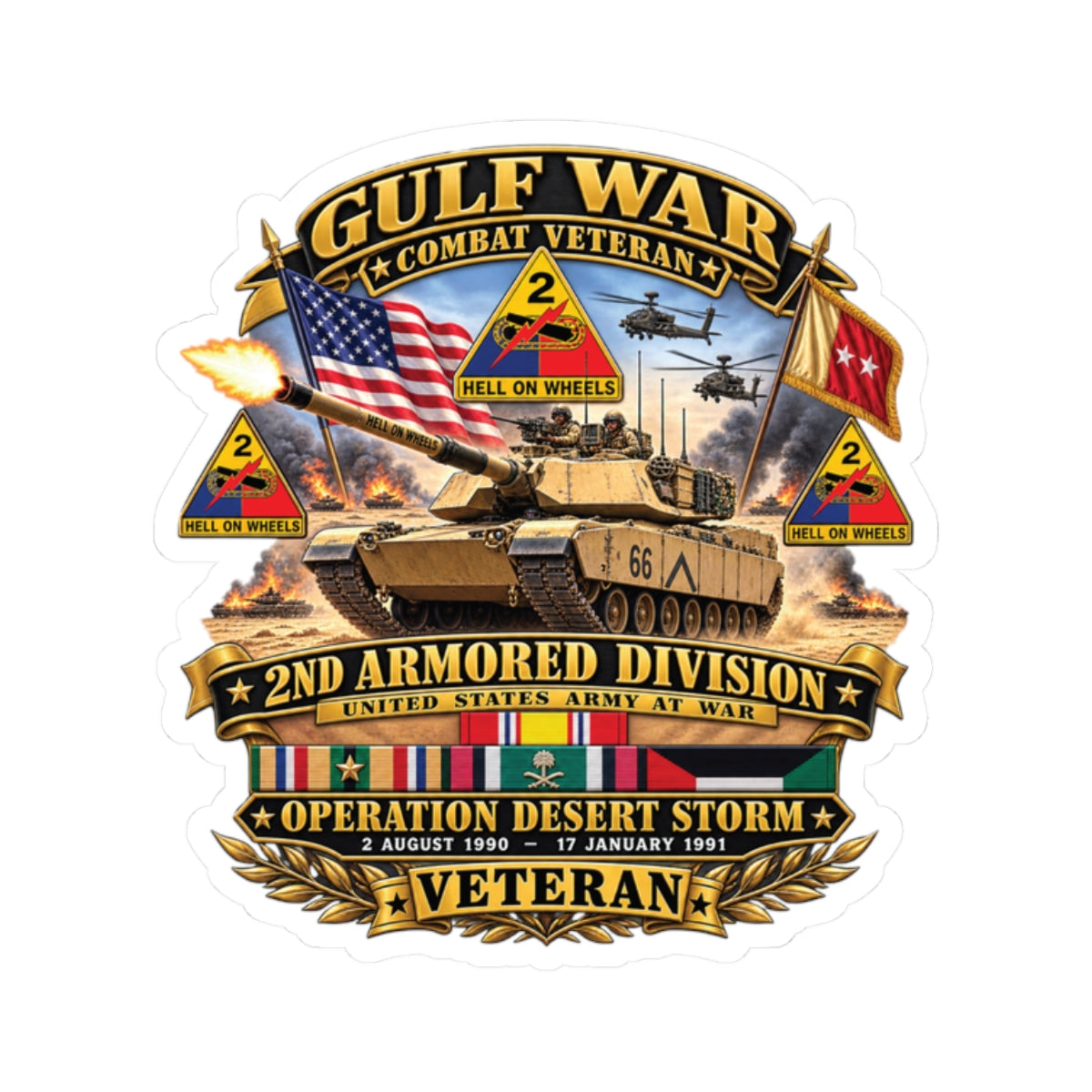Kiss-Cut Stickers - Army - Desert Storm - 2nd Armored Div - Combat Vereran Veteran w GULF SVC - 3D - Enhanced
