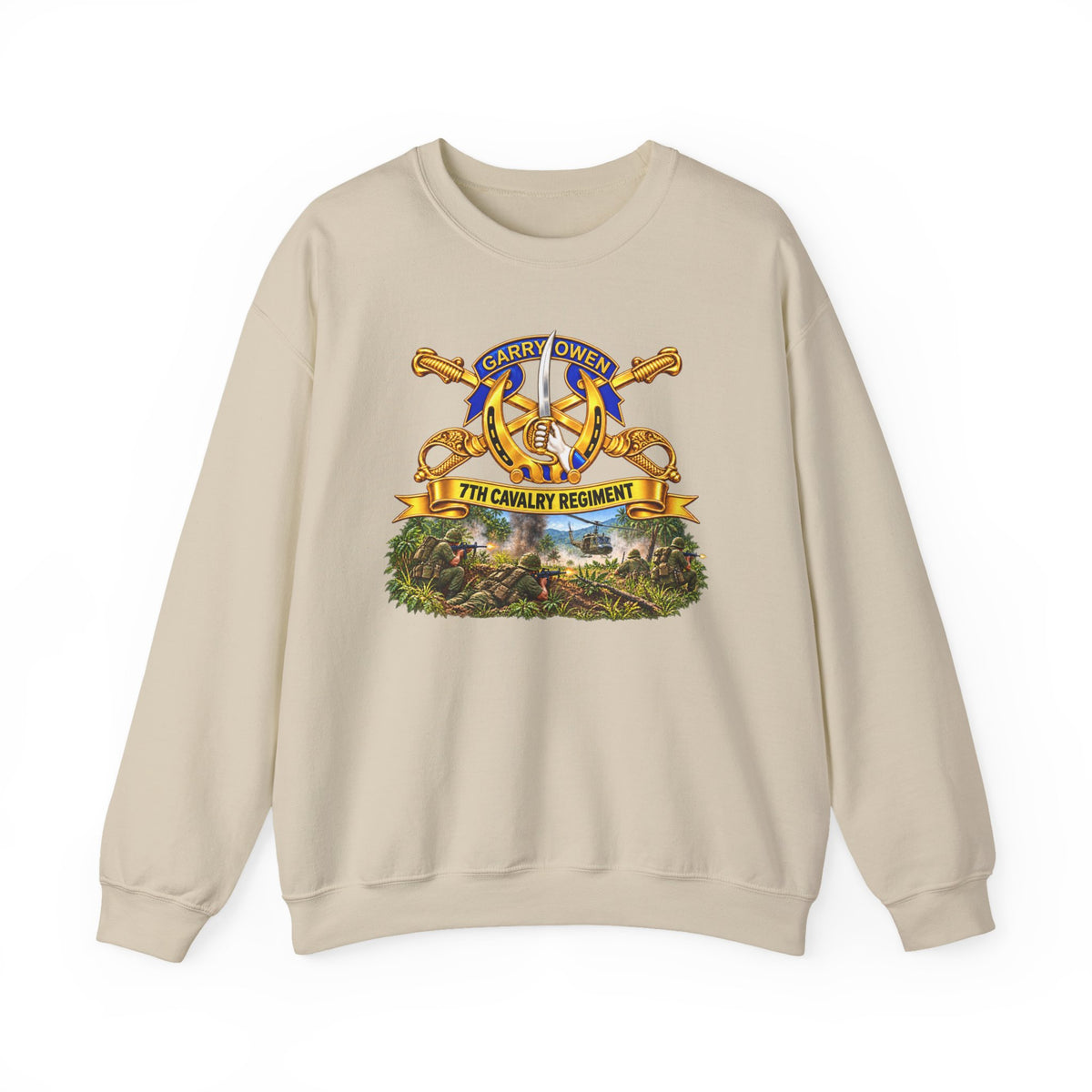 Crewneck Sweatshirt - 7th Cavalry Regiment - DUI, Br, Ribbon w  Battle of Ia drang Valley Scene - Vietnam - 3D - Transparent