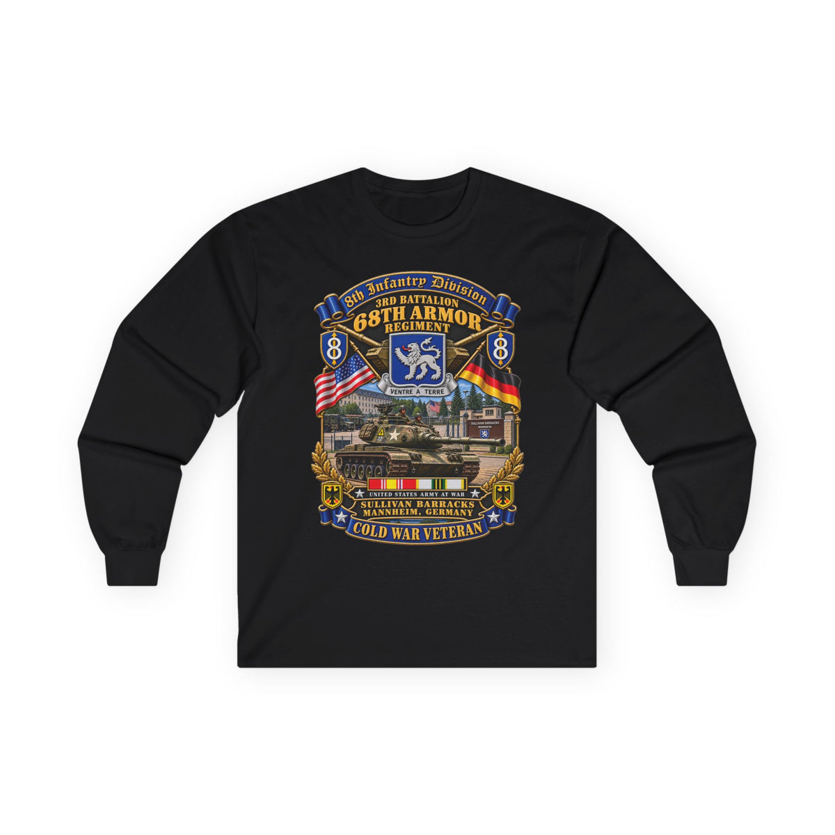 Unisex Ultra Cotton Long Sleeve Tee - 8th Infantry Division Scroll - 3rd Bn 68th Armor Regiment - Sullivan Barracks, Mannheim, Germany - Cold War Vet w COLD SVC - 3D - Enhanced