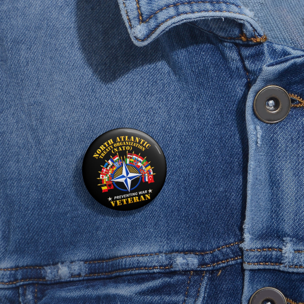 Custom Pin Buttons - NATO - Polished NATO Veteran - with flags - 3D - Transparent