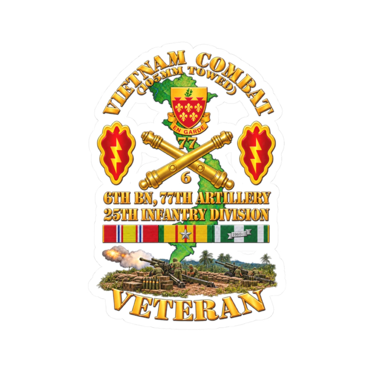 Kiss-Cut Stickers - Army - Vietnam Combat Veteran w 6th Bn 77th Artillery DUI -25th Infantry Div w Fire Mission Scene - 3D - Transparent