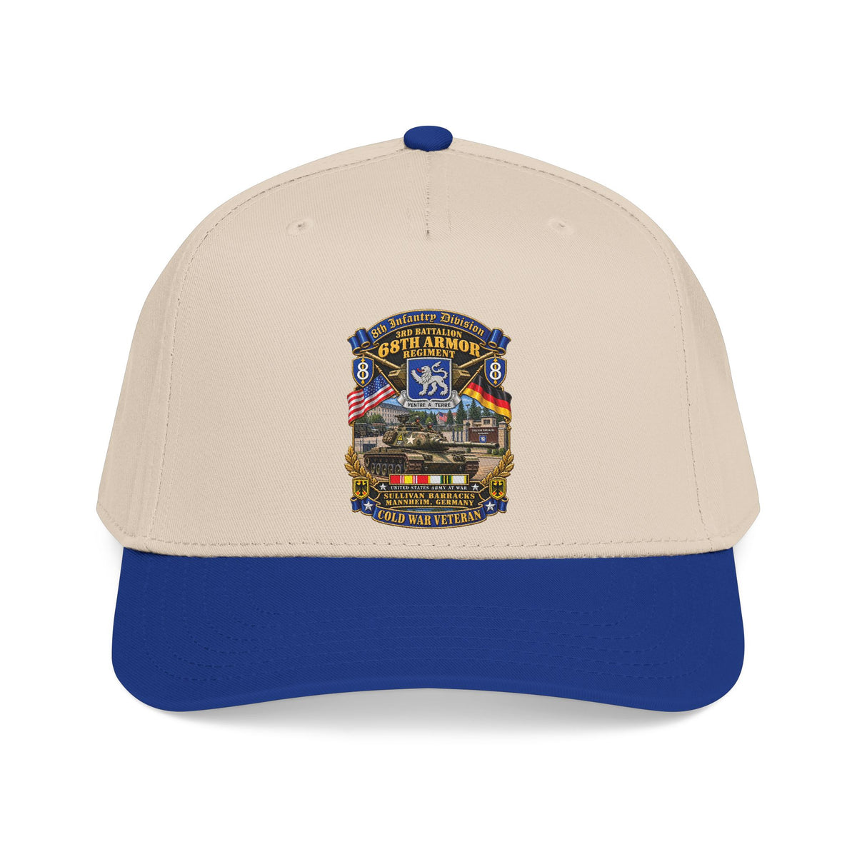 Mid Profile Baseball Cap - 8th Infantry Division Scroll - 3rd Bn 68th Armor Regiment - Sullivan Barracks, Mannheim, Germany - Cold War Vet w COLD SVC - 3D - Enhanced