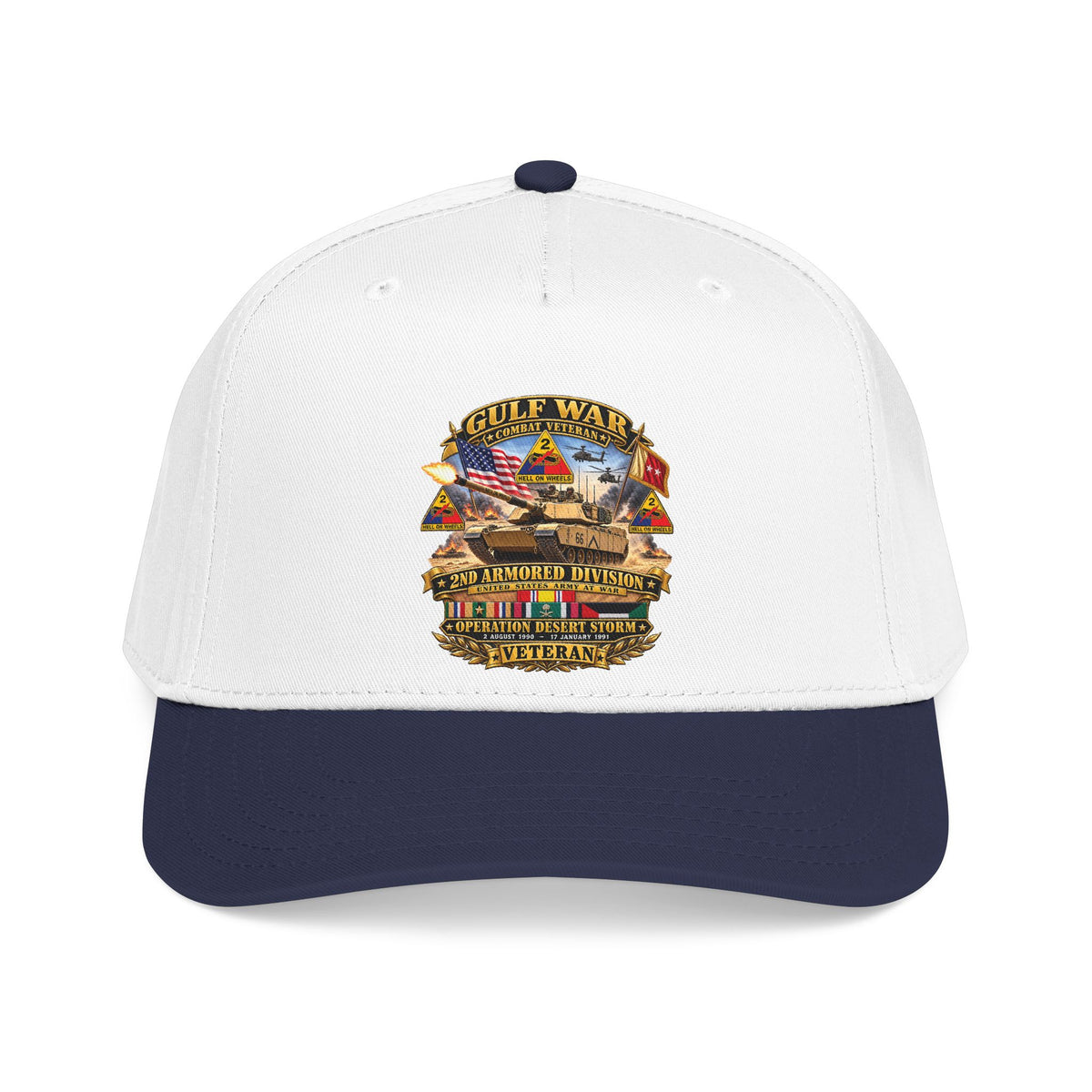 Mid Profile Baseball Cap - Army - Desert Storm - 2nd Armored Div - Combat Vereran Veteran w GULF SVC - 3D - Enhanced