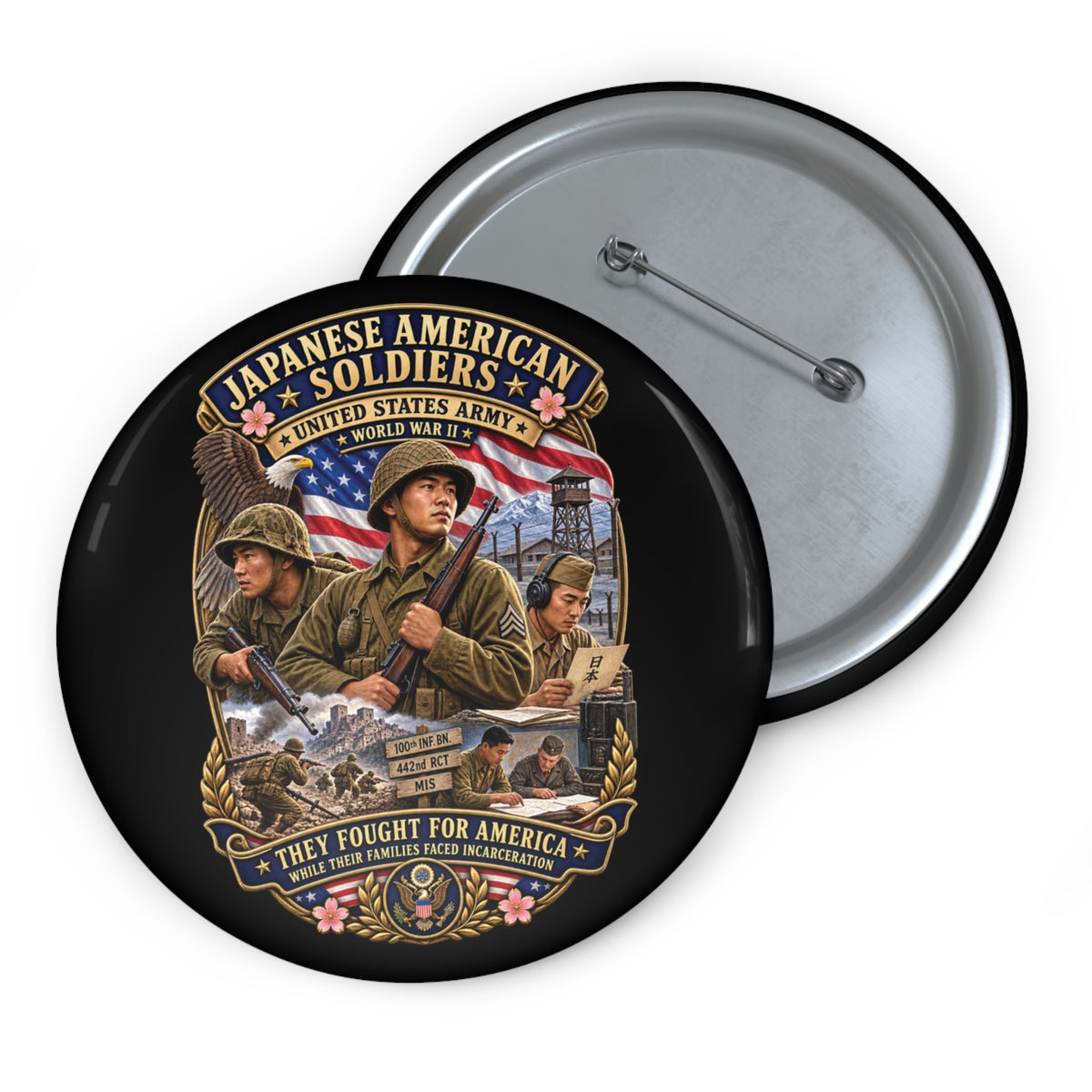 Custom Pin Buttons - Japanese American WWII Soldiers - 3D - Enhanced
