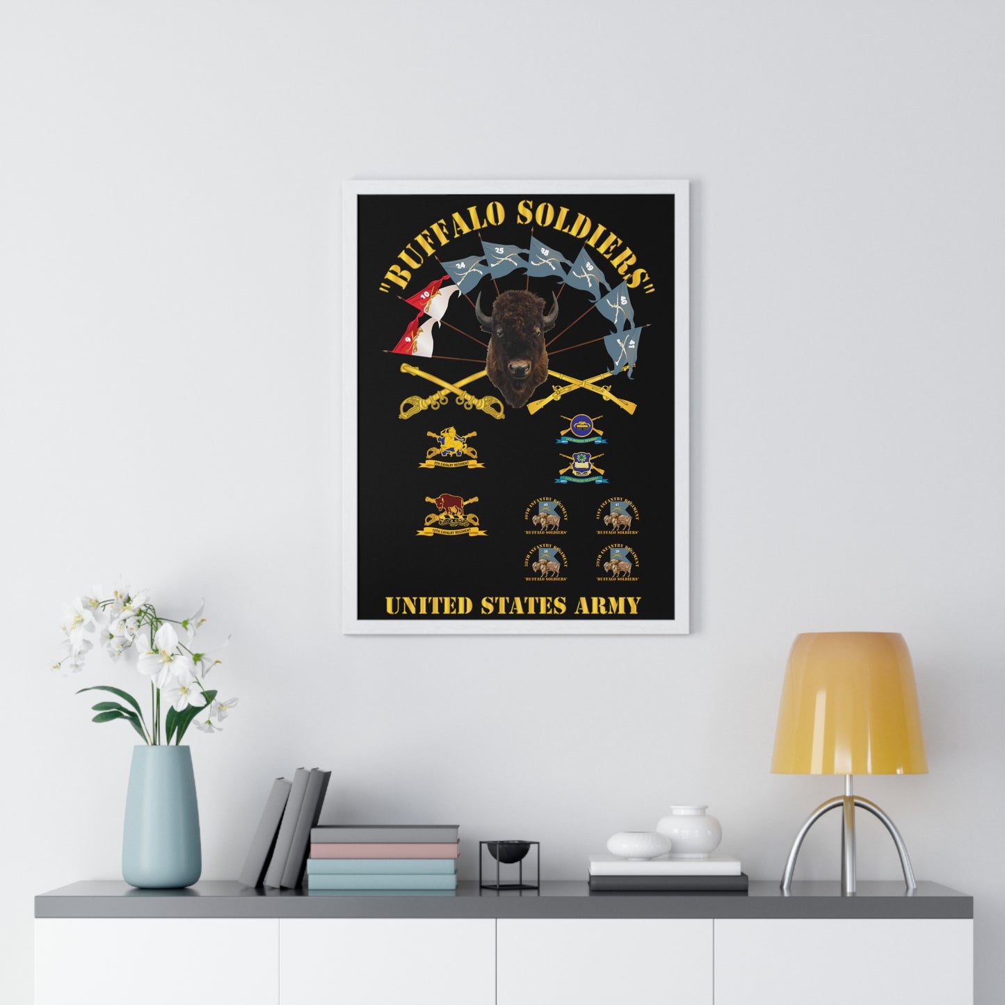 Vertical Framed Poster - Buffalo Soldiers Infantry Cavalry Guidons with Buffalo Head and Unit Crests US Army