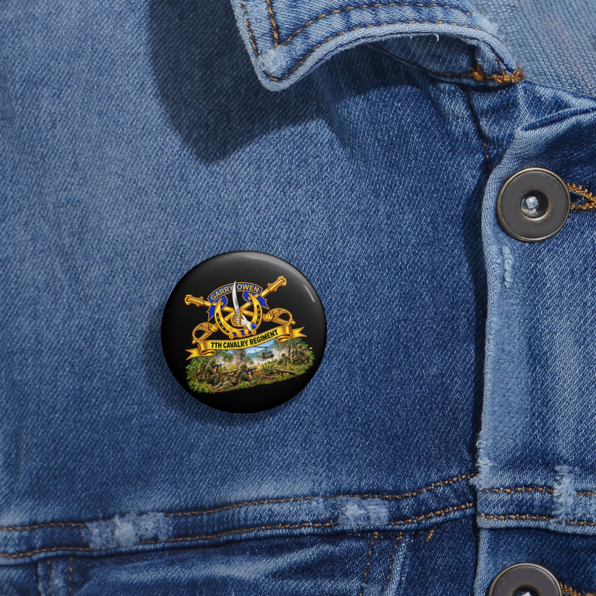 Custom Pin Buttons - 7th Cavalry Regiment - DUI, Br, Ribbon w  Battle of Ia drang Valley Scene - Vietnam - 3D - Transparent