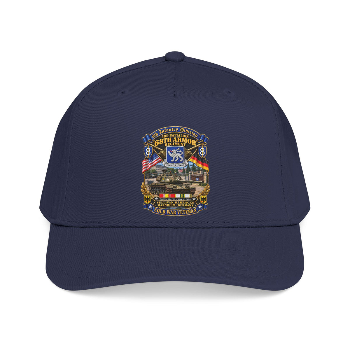 Mid Profile Baseball Cap - 8th Infantry Division Scroll - 3rd Bn 68th Armor Regiment - Sullivan Barracks, Mannheim, Germany - Cold War Vet w COLD SVC - 3D - Enhanced