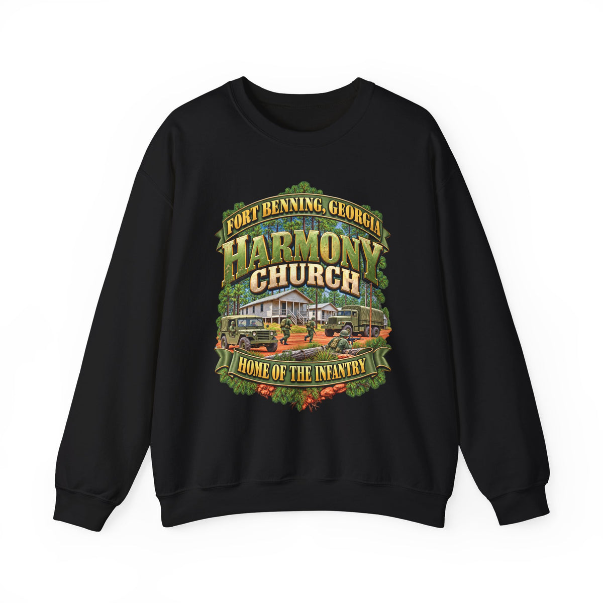 Crewneck Sweatshirt - Fort Benning, Georgia, Harmony Church - Home of the Infantry - 3D - Enhanced