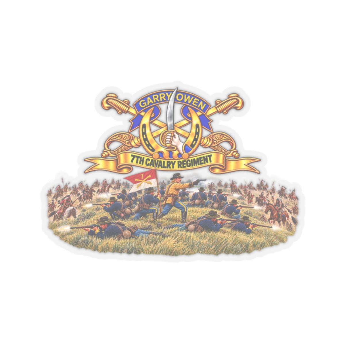 Kiss-Cut Stickers - 7th Cavalry Regiment - DUI, Br, Ribbon w  Battle of Little Big Horn Scene - 3D - Transparent