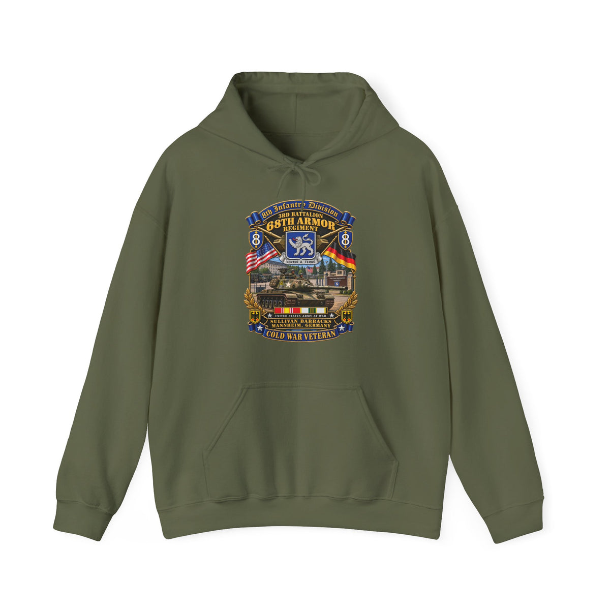 Hoodie — 8th Infantry Division Scroll - 3rd Bn 68th Armor Regiment - Sullivan Barracks, Mannheim, Germany - Cold War Vet w COLD SVC - 3D - Enhanced