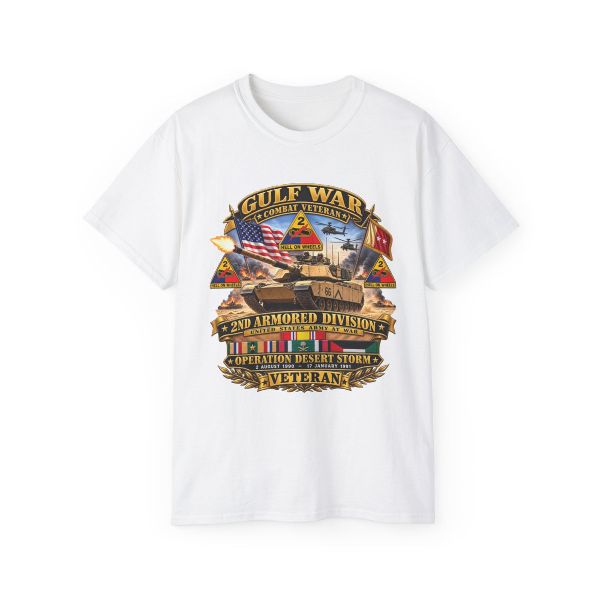 Unisex Ultra Cotton Tee - Army - Desert Storm - 2nd Armored Div - Combat Vereran Veteran w GULF SVC - 3D - Enhanced