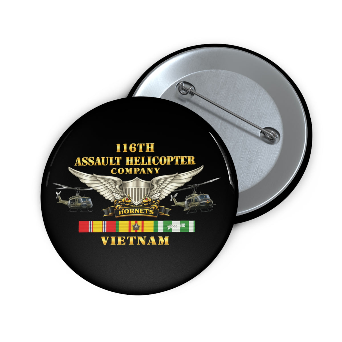 Custom Pin Buttons - Army - 116th Assault Helicopter Co w  Aviator Badge w VN SVC - HORNETS - Side X Side - 3D - Enhanced