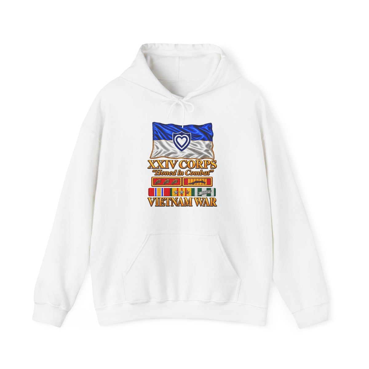 Hoodie — Army - XXIV Corps Flag - Waving - Ribbons - Meritorious Awards - Vietnam War - 3D - Transparent