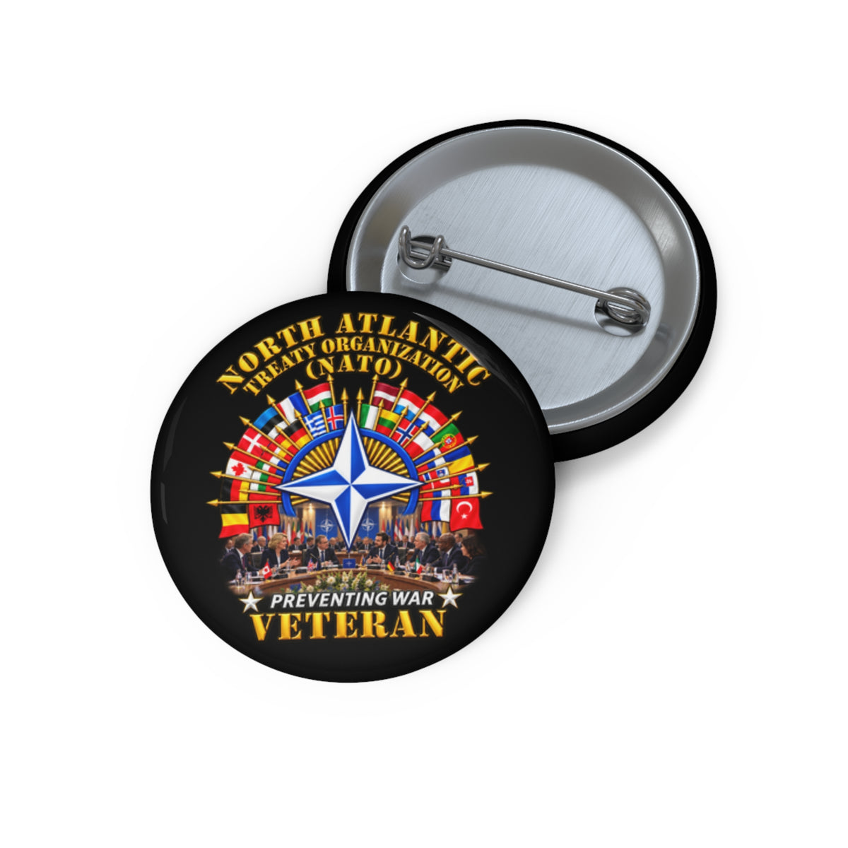 Custom Pin Buttons - NATO - Polished NATO Veteran - with flags - Meeting Scene - 3D - Transparent