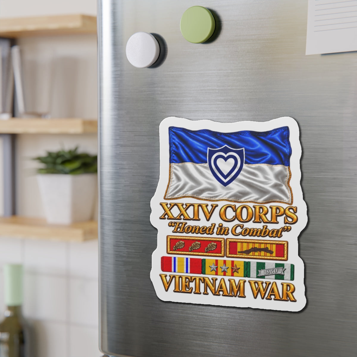 Die-Cut Magnets — Army - XXIV Corps Flag - Waving - Ribbons - Meritorious Awards - Vietnam War - 3D - Transparent