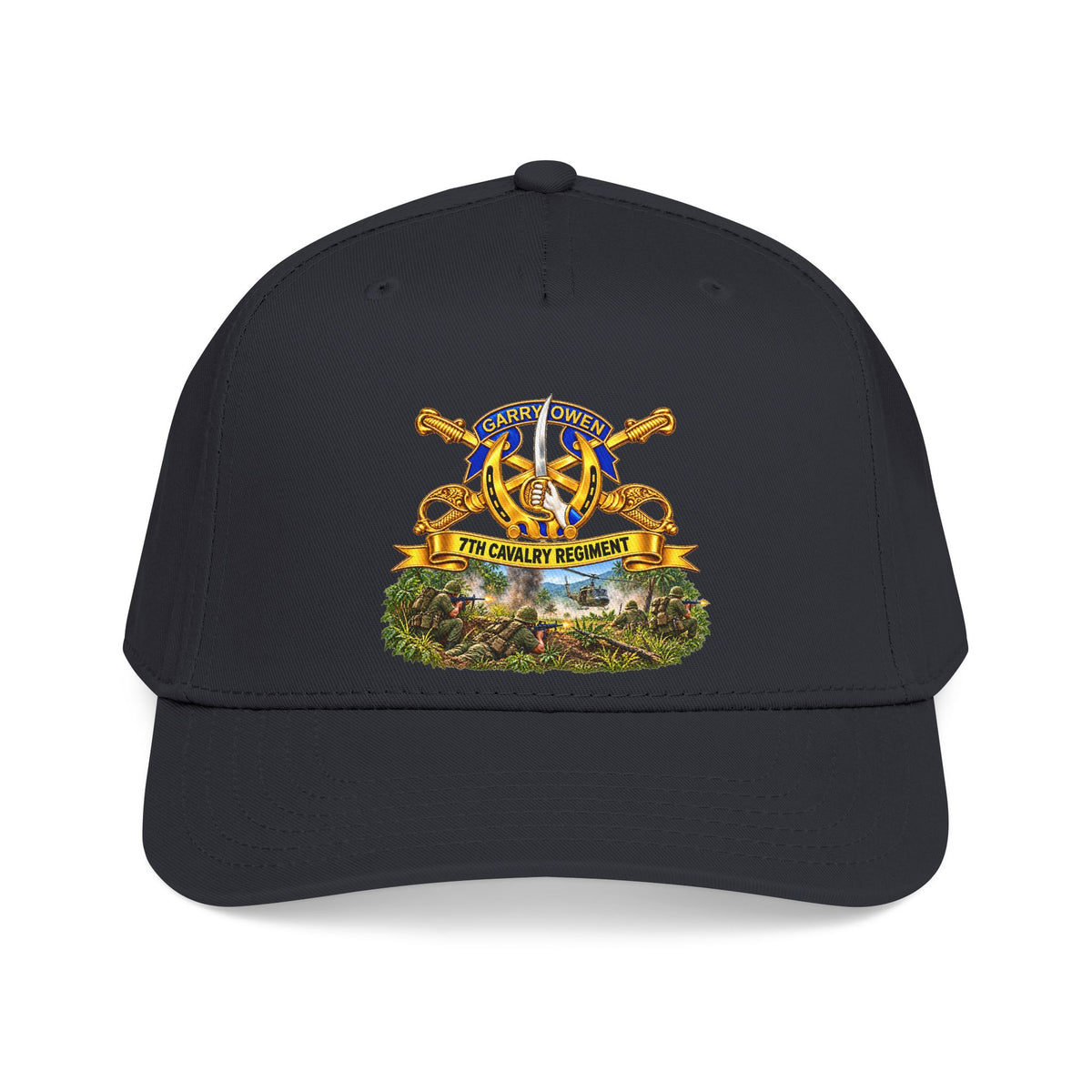 Mid Profile Baseball Cap — 7th Cavalry Regiment - DUI, Br, Ribbon w  Battle of Ia drang Valley Scene - Vietnam - 3D - Transparent