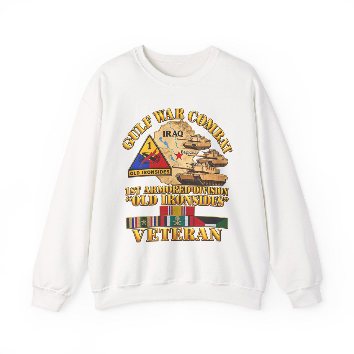 Crewneck Sweatshirt - Army - Gulf War Combat - 1st Armored Divi - Old Ironsides - Veteran - Map w GULF SVC - 3D - Enhanced