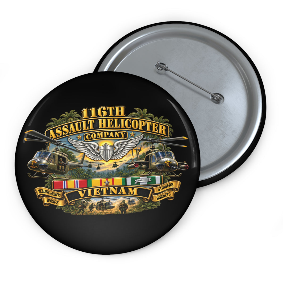 Custom Pin Buttons - Army - 116th Assault Helicopter Co w  Aviator Badge w VN SVC - HORNETS - 3D - Enhanced