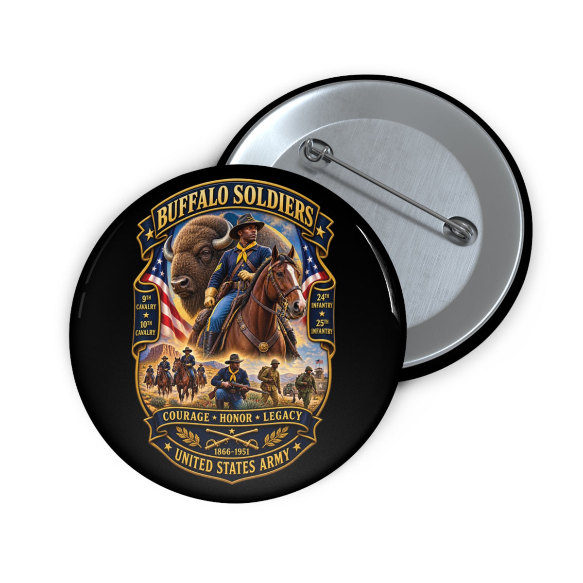 Custom Pin Buttons - Overall Buffalo Soldiers Tribute - 3D - Enhanced