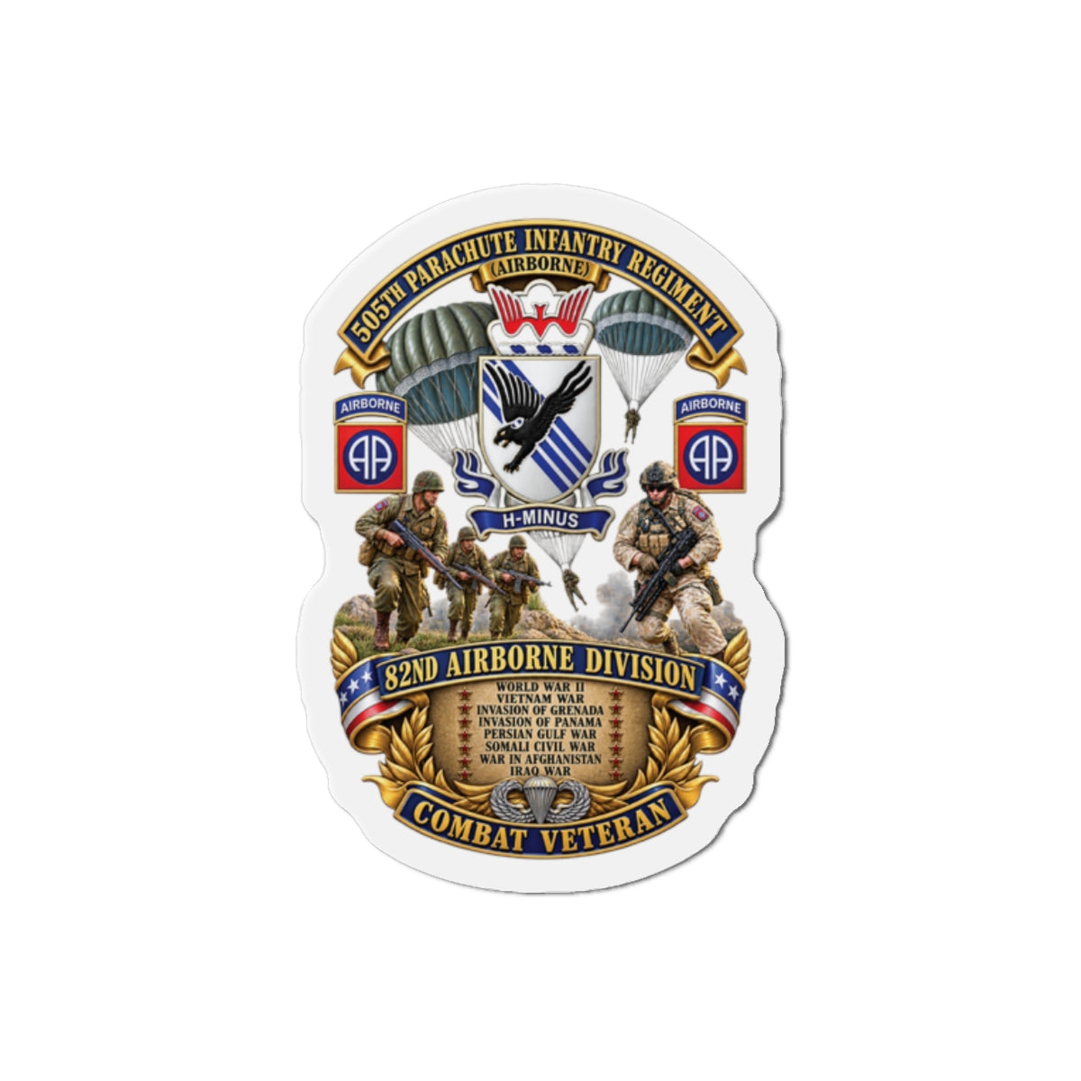Die-Cut Magnets — Army - Combat Vet w 505th PIR - 82nd Airborne  w Campaigns - Soldiers - SSI - 3D - Enhanced