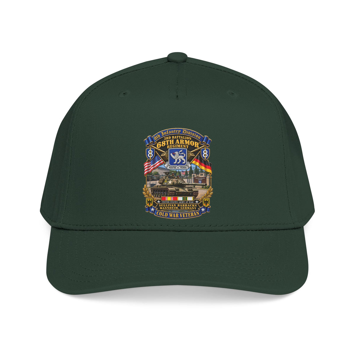 Mid Profile Baseball Cap - 8th Infantry Division Scroll - 3rd Bn 68th Armor Regiment - Sullivan Barracks, Mannheim, Germany - Cold War Vet w COLD SVC - 3D - Enhanced