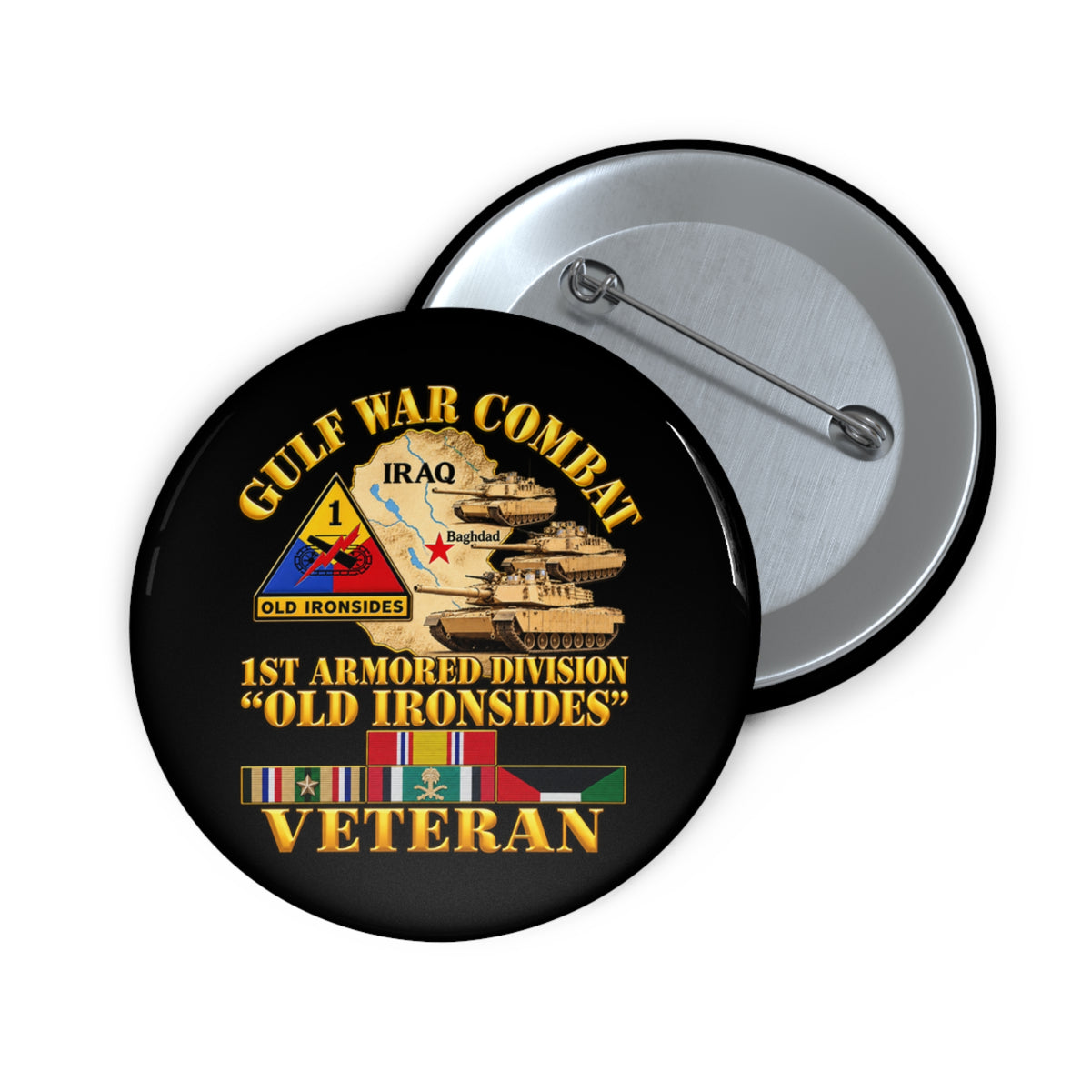 Custom Pin Buttons - Army - Gulf War Combat - 1st Armored Divi - Old Ironsides - Veteran - Map w GULF SVC - 3D - Enhanced