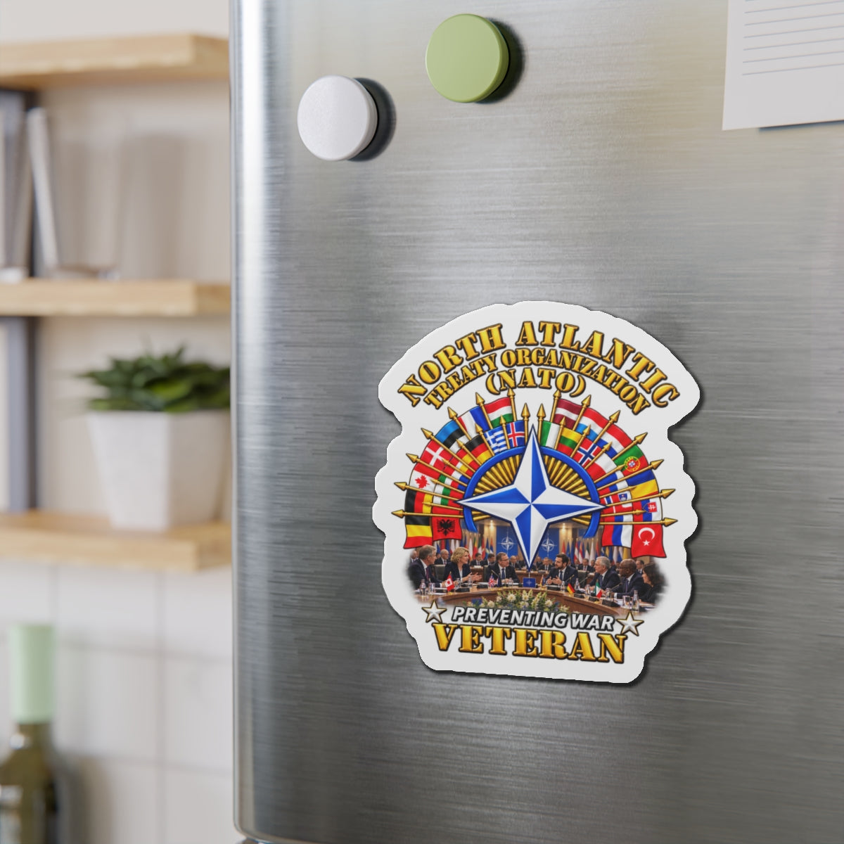 Die-Cut Magnets — NATO - Polished NATO Veteran - with flags - Meeting Scene - 3D - Transparent